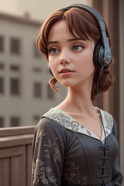 Jane Eyre with headphones, natural skin texture, 24mm, 4k textures, soft cinematic light, adobe lightroom, photolab, hdr, intricate, elegant, highly detailed, sharp focus, ((((cinematic look)))), soothing tones, insane details, intricate details, hyperdeta...