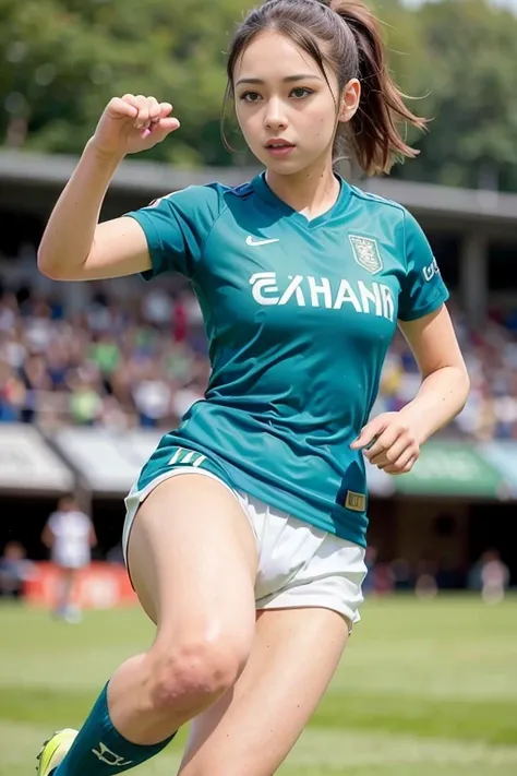 <lora:betterCuteAsian03:0.3>, woman posing for a photo,(kicking the ball,wearing soccer_uniform:1.3),green uniform, 
good hand,4k, high-res, masterpiece, best quality, head:1.3,((Hasselblad photography)), finely detailed skin, sharp focus, (cinematic light...