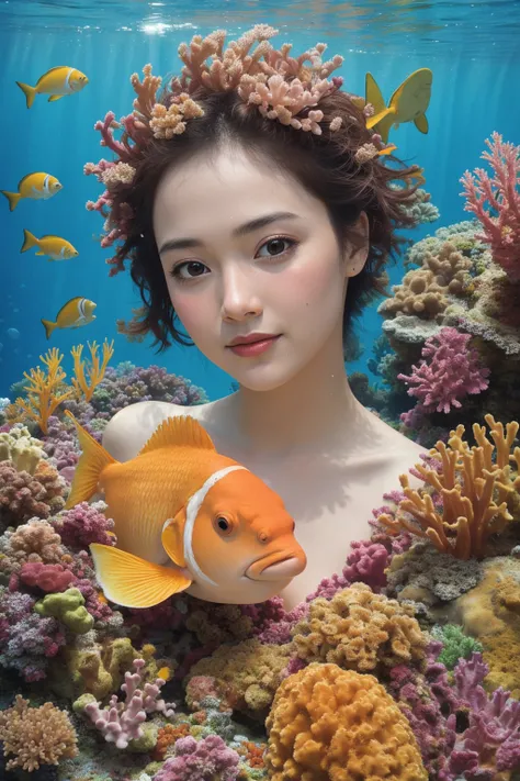 An underwater  bust portrait of a woman composed of exotic fish and sea creatures like pink seahorses, orange clownfish, yellow angelfish and blue starfish all swimming together in a arranged formation to create a whimsical nautical portrait. Bubbles float...