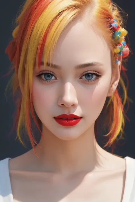 The models bust is composed entirely of pieces of multi-colored hard candy stacked together. Her facial features are stylized with different flavors and colors of candy - red lips, blue eyes, yellow hair. A few pieces come loose and dangle down, about to d...