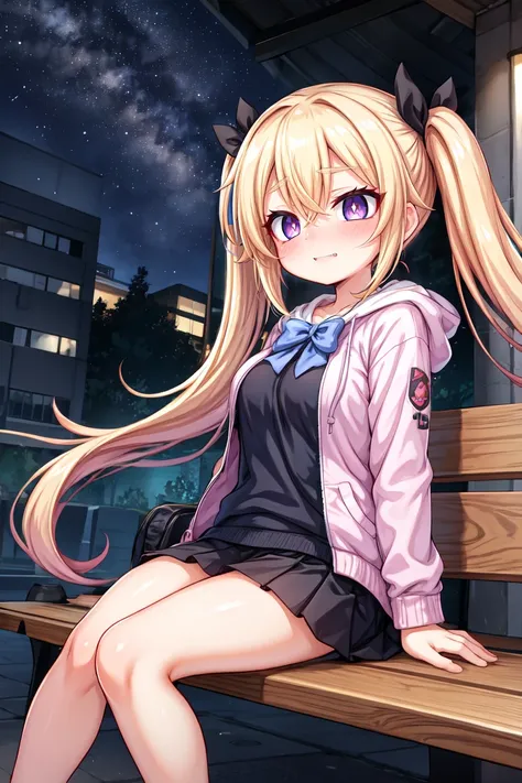 masterpiece, best quality, highres, absurdres, ultradetailed, 1girl, purple eyes, long hair, twintails, solo focus, brown hair, bow, bangs, hair between eyes, blue bow, blush, :o, very long hair, breasts, blonde hair, fangs, outdoor, night, street, starry...