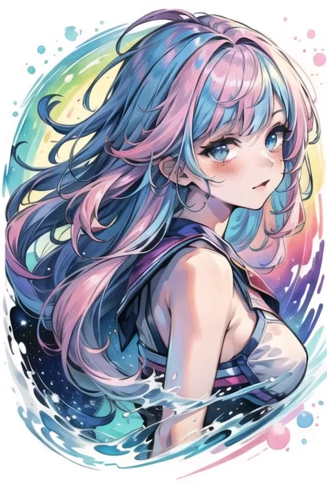 (masterpiece, top quality, best quality,watercolor (medium),official art, beautiful and aesthetic:1.2),(1girl:1.3), (fractal art:1.3),upper body, from side, looking at viewer,patterns,(rainbow color Hair,colorful hair,half blue and half pink hair:1.2),wate...