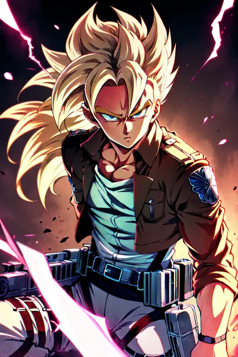 Highly detailed, High Quality, Masterpiece, beautiful, SuperSaiyan, <lora:SuperSaiyanHair:0.7>, 1boy, solo, cowboy shot, blonde hair, super saiyan, spiked hair, aura, electricity, ((1man)), (Levi Ackermann), attack on titan, <lora:Char_AOT_LeviAckerman:0.7...