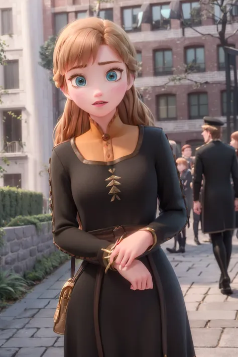 (masterpiece:1.4), (best qualit:1.4), (high resolution:1.4), anna of arendelle, surprised, black and yellow dress,long hair, <lora:anna_of_arendelle_v2:1> looking at viewer,