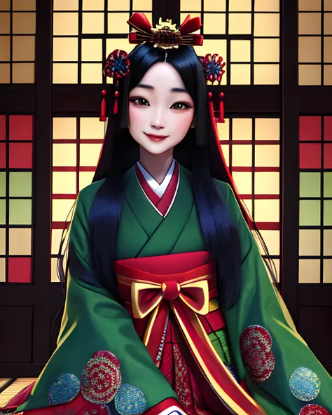 woman wearing a juunihitoe, waist up, straight black hair, very long hair, fancy headdress, (green red and blue)1.1, colorful, bright colors, elaborate patterns, extremely detailed clothes, brocade, sweet smile, traditional japanese house, sunlight, master...