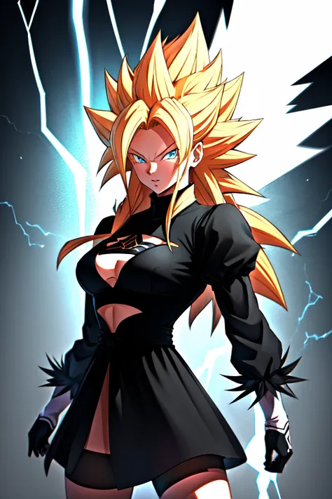 Highly detailed, High Quality, Masterpiece, beautiful, SuperSaiyan, <lora:SuperSaiyanHair:0.5>, 1girl, solo, cowboy shot, blonde hair, super saiyan, spiked hair, aura, electricity, yorha no. 2 type b, nier (series), <lora:Char_Nier_2B:0.5>, long hair
