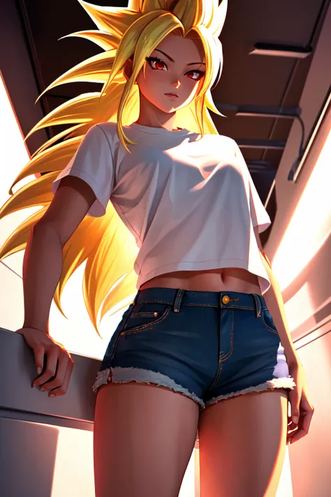 Highly detailed, High Quality, Masterpiece, beautiful, SuperSaiyan, <lora:SuperSaiyanHair:0.7>, 1girl, solo, cowboy shot, red eyes, shirt, white shirt, shorts, short shorts, blonde hair, super saiyan, spiked hair, aura, electricity, long hair