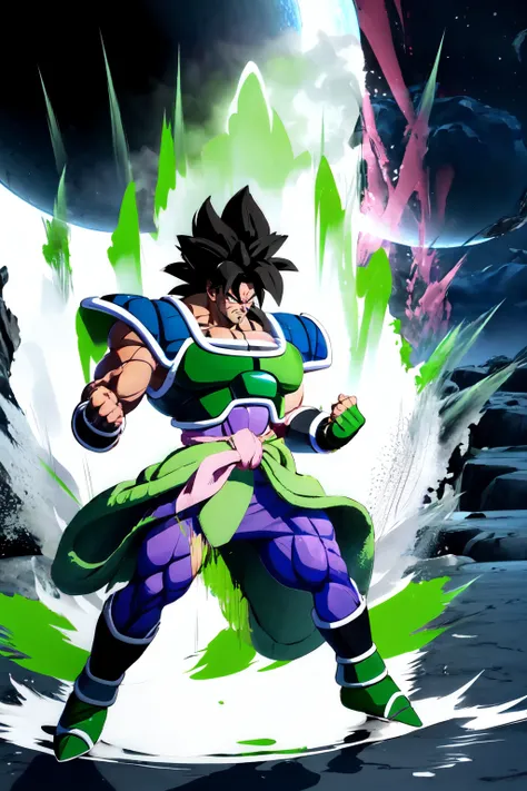 Highly detailed, High Quality, Masterpiece, beautiful, Ki Charge, aura, fighting stance, full body, <lora:DBKiCharge:0.9>, green aura, Broly, broly, muscular male, scar, scar on face, scar on chest, black hair, saiyan armor, <lora:Char_DragonBall_Broly:0.8...