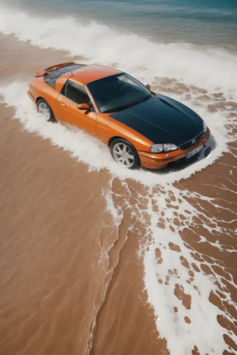 a classic, orange convertible sports car driving through shallow beach water