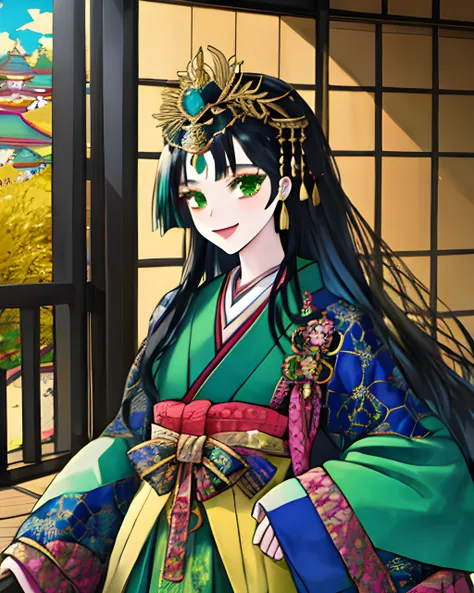 woman wearing a juunihitoe, waist up, straight black hair, very long hair, fancy headdress, (green gold and blue)1.1, colorful, bright colors, elaborate patterns, extremely detailed clothes, brocade, sweet smile, traditional japanese house, sunlight, maste...