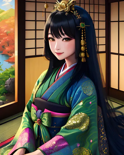 woman wearing a juunihitoe, waist up, straight black hair, very long hair, fancy headdress, (green gold and blue)1.1, colorful, bright colors, elaborate patterns, extremely detailed clothes, brocade, sweet smile, traditional japanese house, sunlight, maste...