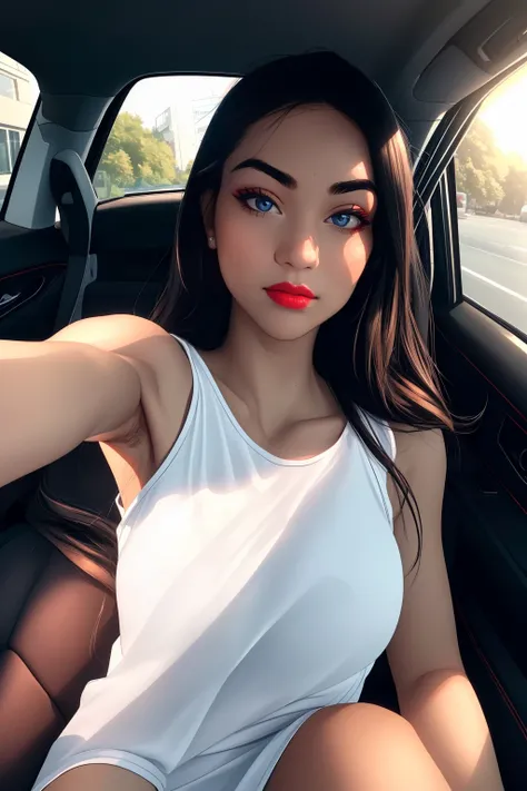 RAW photo, a 22-year-old-girl, upper body, selfie in a car, driving, lipstick, soft lighting, high quality, highres, sharp focus, extremely detailed, (sunlight on face), beautiful detailed eyes, masterpiece, cinematic lighting, dslr, Fujifilm XT3