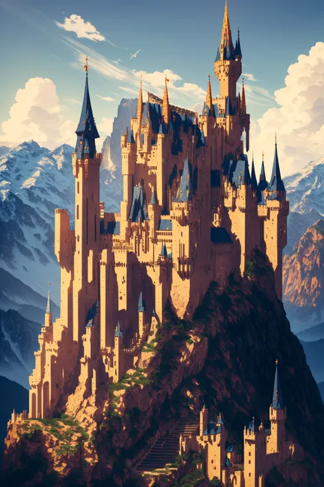 A forbidden castle high up in the mountains, pixel art, (intricate details:1.12), hdr, (intricate details, hyperdetailed:1.15), (natural skin texture, hyperrealism, soft light, sharp:1.2), game art, key visual, surreal