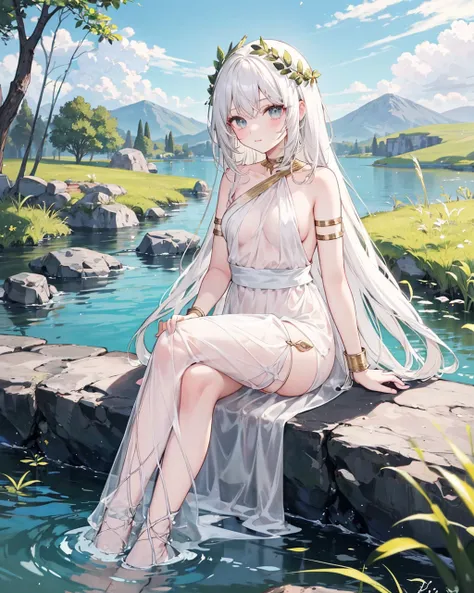 1girl,solo,, greek clothes, peplos, laurel crown, armlet,  <lora:GreekClothes:1>,
sitting,outdoors,lake,rock,reeds, white hair, long hair, golden apple, see-through,