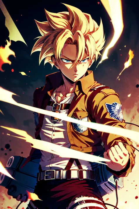 Highly detailed, High Quality, Masterpiece, beautiful, SuperSaiyan, <lora:SuperSaiyanHair:0.5>, 1boy, solo, cowboy shot, blonde hair, super saiyan, spiked hair, aura, electricity, ((1man)), (Levi Ackermann), attack on titan, <lora:Char_AOT_LeviAckerman:0.7...