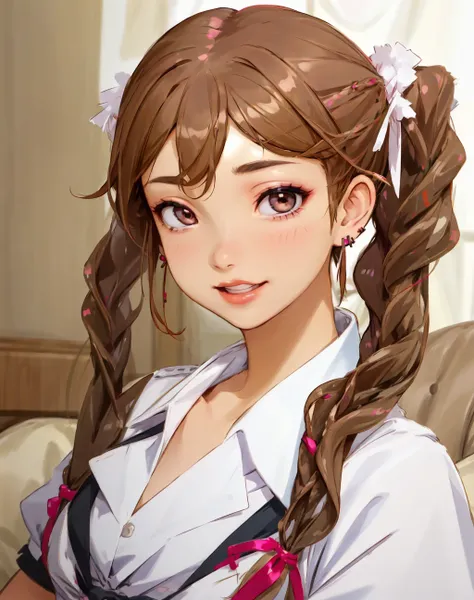 Masterpiece, absurdres, fine detail, HDR,beautiful smile, highly detailed facial features,
1girl, solo, looking at viewer, smile, bangs, brown hair, ribbon, twintails, jewelry, hair ribbon, braid, earrings, teeth, blurry, twin braids, parody, portrait, rea...
