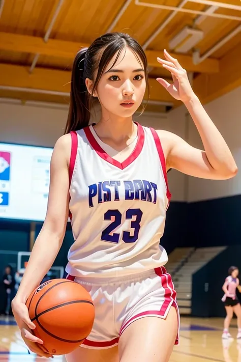 <lora:betterCuteAsian03:0.3>, a woman playing basketball, (wearing basket_uniform:1.3), pink uniform,
good hand,4k, high-res, masterpiece, best quality, head:1.3,((Hasselblad photography)), finely detailed skin, sharp focus, (cinematic lighting), night, so...