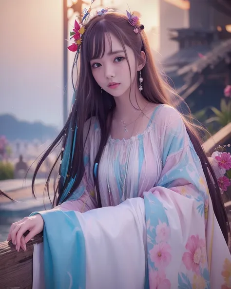 (8k, RAW photo:1.2),best quality, ultra high res,dramatic angle,(fluttered detailed color splashs), (illustration),(((1 girl))),(long hair),(rain:0.9),(hair ornament:1.4),there is an ancient palace beside the girl,chinese clothes,(focus on), color Ink wash...