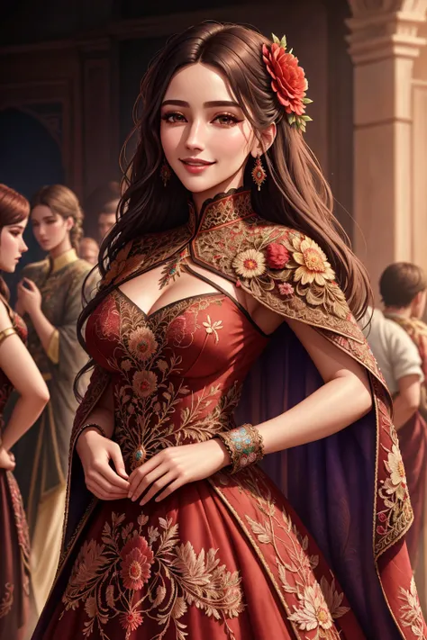 Masterpiece, absurdres, fine detail, HDR,
beautiful woman,smiling,
([Haute_Couture, designer dress|LnF]::0.88), floral embroidery,
woman wearing a [Haute_Couture dress|LnF],LnF_embroidery, front view, fashion show background , cowboy shot
 <lora:LnFCouture...