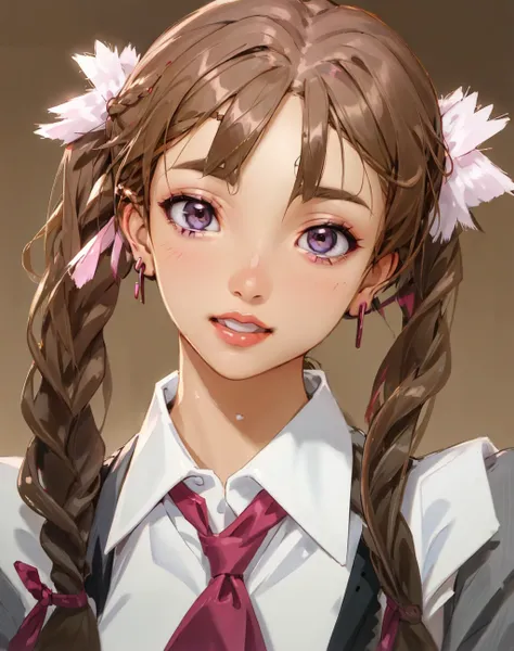 Masterpiece, absurdres, fine detail, HDR,beautiful smile, highly detailed facial features,
1girl, solo, looking at viewer, smile, bangs, brown hair, ribbon, twintails, jewelry, hair ribbon, braid, earrings, teeth, blurry, twin braids, parody, portrait, rea...