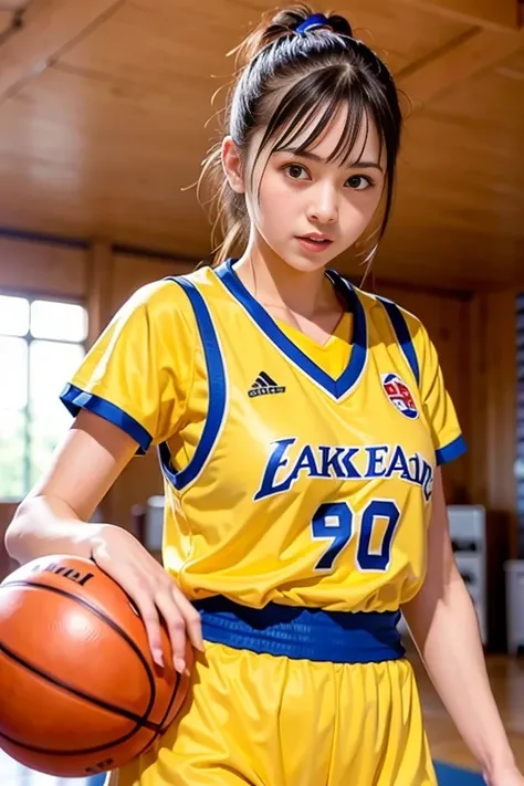 <lora:betterCuteAsian03:0.3>, a woman playing basketball, (wearing basket_uniform:1.3), yellow uniform,
good hand,4k, high-res, masterpiece, best quality, head:1.3,((Hasselblad photography)), finely detailed skin, sharp focus, (cinematic lighting), night, ...