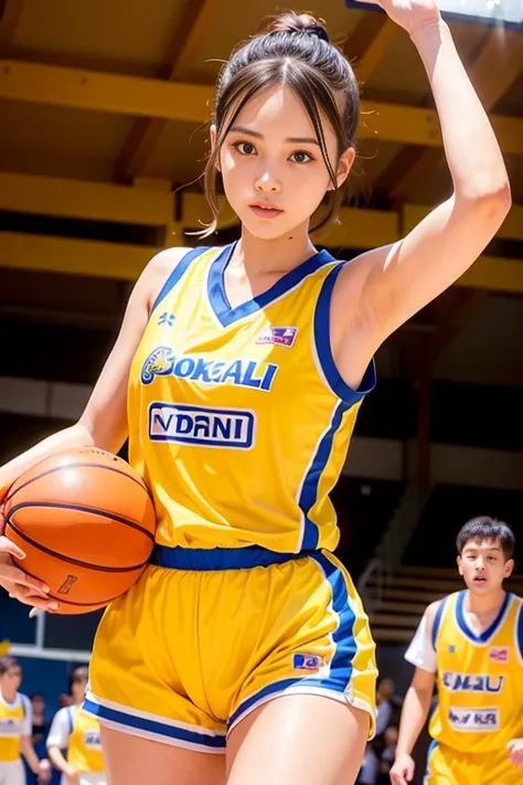 <lora:betterCuteAsian03:0.3>, a woman playing basketball, (wearing basket_uniform:1.3), yellow uniform,
good hand,4k, high-res, masterpiece, best quality, head:1.3,((Hasselblad photography)), finely detailed skin, sharp focus, (cinematic lighting), night, ...
