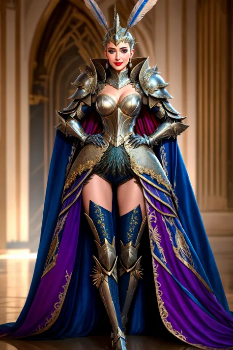 Masterpiece, absurdres,HDR,8k,best quality,smiling
([edgMothKnight|Haute_Couture]::0.5)
edgMothKnight,Haute_Couture designer dress, embroidery,fashion show background,   armor, hand on hip, thigh gap, feathers, lipstick, shoulder armor, gauntlets, breastpl...