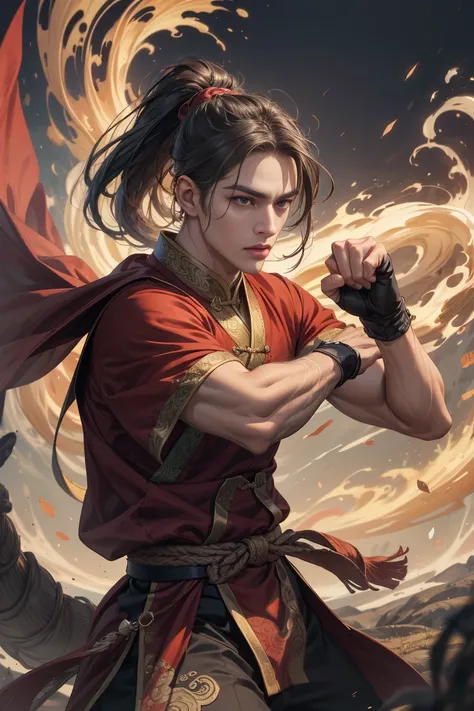 (Absurdres, Intricate Details, Masterpiece, Best Quality, High Resolution, 8k), 1 male, mature, aged up, handsome, tall muscular guy, broad shoulders, ponytail hair, dark brown eyes, finely detailed eyes, and detailed face, looking at the viewer, solo, (st...