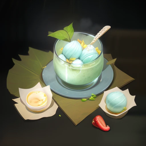 gameicon,masterpiece,best quality,ultra-detailed,masterpieces,The image is a scoop of ice cream in a cup, with a red cherry, a glass spoon, and green mint leaves,HD
Transparent background, 3D rendering
2D, Blender cycle, Volume light,
No human, objectifica...