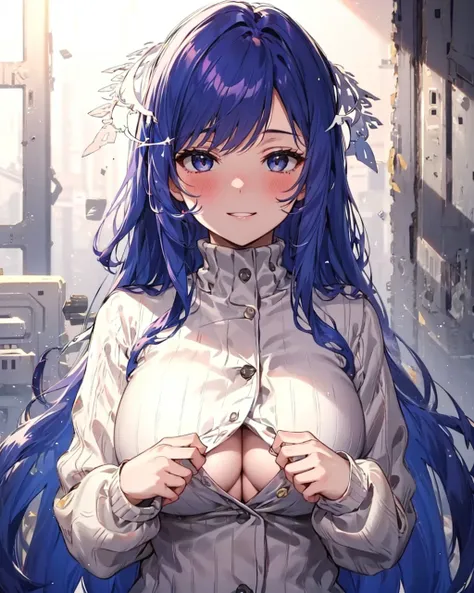 1girl,solo,large breasts, paizuri invitation, <lora:PaizuriInvitation:1>,no_bra,blush,sweater, <lora:quinellaSAOCharacter_v10:0.8>,blue hair,very long hair, light smile, buttons,