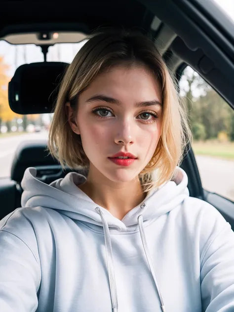 RAW photo, a 22-year-old blonde girl, upper body, selfie in a car, blue hoodie, inside a car, driving, lipstick, soft lighting, high quality, highres, sharp focus, extremely detailed, (sunlight on face), beautiful detailed eyes, masterpiece, cinematic ligh...