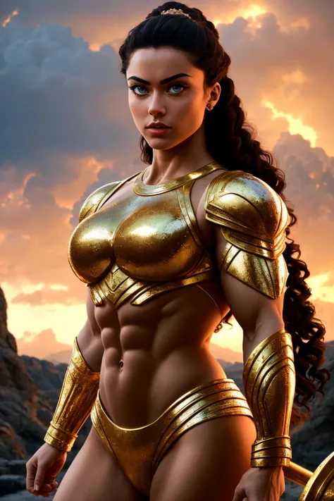 bodybuilder, anime fcPortrait, absurdres, highres, ultra detailed, (1girl:1.3), Design a scene inspired by Olympian mythology, featuring gods, goddesses, and mythical creatures from ancient Greek and Roman legends.