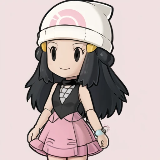 masterpiece, best quality, <lyco:PaperMarioLora-40:1.0>, chibi, <lora:DawnLora:0.7>, dawn (pokemon), black shirt, sleeveless shirt, pink skirt, beanie, red skarf, smile