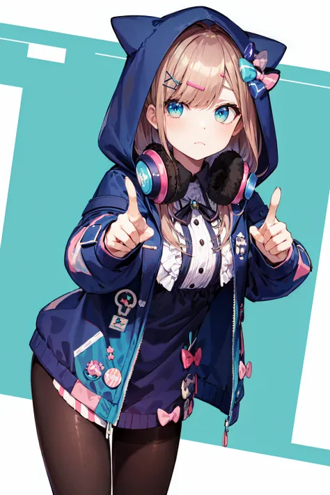 masterpiece, best quality, highres, hmsl1, hairclip, hair bow, hood up, black pantyhose, hooded jacket, jewelry, headphones around neck, open clothes, blue bow, <lora:suzuhara_lulu_v10:0.7>, frown, cowboy shot, leaning forward, pointing at viewer,