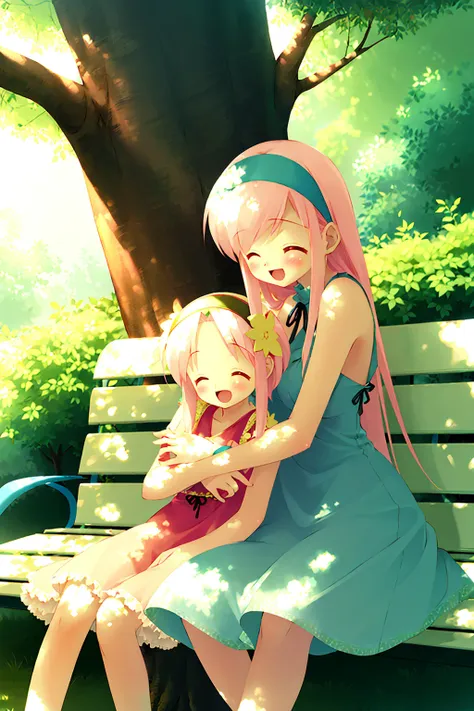 ((masterpiece, high quality, best quality)),
multiple girls, 2girls, bench, pink hair, closed eyes, long hair, short hair, brown hair, tree, hairband, hug, day, dress, dappled sunlight, sunlight, blush, outdoors, happy, sitting, smile, blonde hair, 
<lora:...