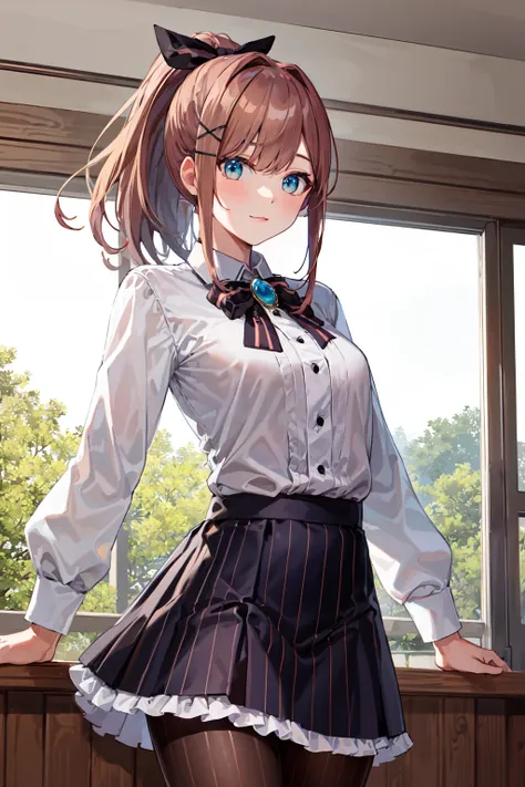 masterpiece, best quality, highres, hmsl1, ponytail, hair ribbon, x hair ornament, jewelry, bowtie, brooch, white shirt, long sleeves, vertical-striped skirt, striped pantyhose, <lora:suzuhara_lulu_v10:0.7>, cowboy shot, indoors,