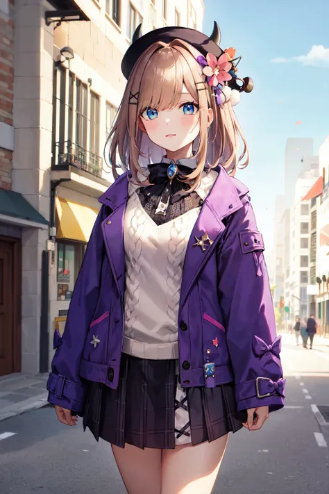 masterpiece, best quality, highres, hmsl1, horned headwear, hair flower, x hair ornament, white sweater, purple jacket, flower, long sleeves, open clothes, black bow, sleeves past wrists, skirt, <lora:suzuhara_lulu_v10:0.7>, cowboy shot, outdoors, street, ...