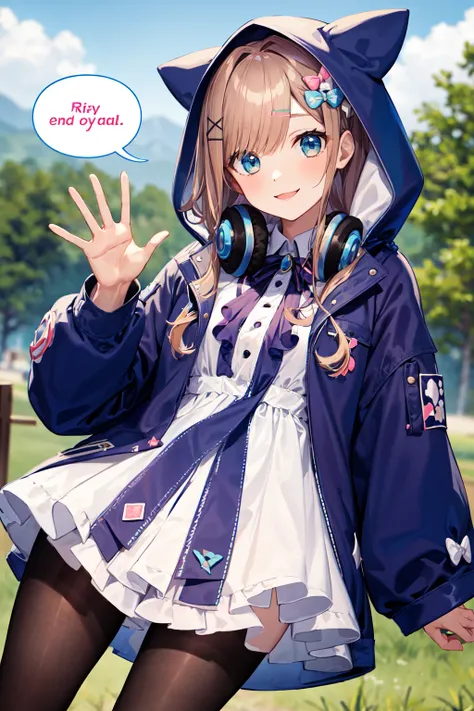 masterpiece, best quality, highres, hmsl1, hairclip, hair bow, hood up, black pantyhose, hooded jacket, jewelry, headphones around neck, open clothes, blue bow, <lora:suzuhara_lulu_v10:0.7>, speech bubble, cowboy shot, smile, outdoors, waving