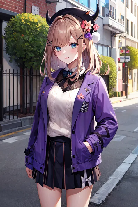 masterpiece, best quality, highres, hmsl1, horned headwear, hair flower, x hair ornament, white sweater, purple jacket, flower, long sleeves, open clothes, black bow, sleeves past wrists, skirt, <lora:suzuhara_lulu_v10:0.7>, cowboy shot, outdoors, street, ...
