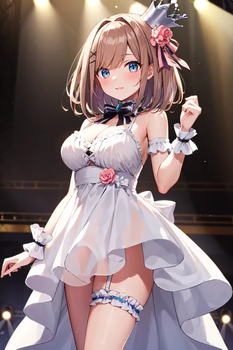 masterpiece, best quality, highres, hmsl1, medium hair, x hair ornament, (crown:1.1), pink flower, white dress, bridal garter, bare shoulders, wrist cuffs,  frilled dress, bowtie, large breasts, <lora:suzuhara_lulu_v10:0.7>, stage, cowboy shot, standing,