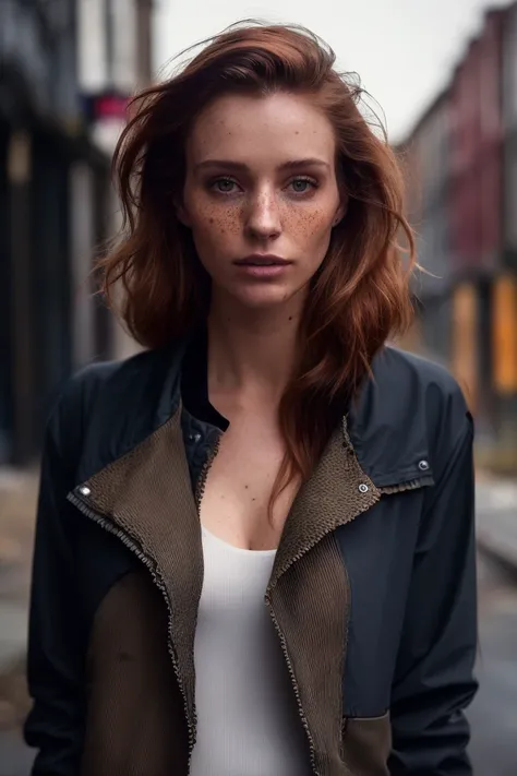 a photo of a seductive woman with loose styled redhead hair, bored, (she is wearing a dark jacket:1.2), (textured skin, skin pores), ((photorealistic):1.1), (raw, 8k:1.3), dark, muted colors, slate atmosphere, <lora:to8contrast-1-5:0.4>, <lora:LowRa:0.3>