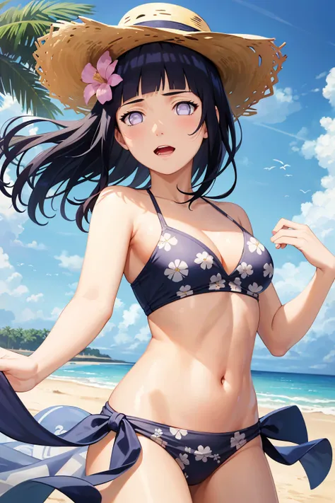 masterpiece, absurdres, 1girl, hinata(shippuden), solo, straw hat,midriff, bikini, print sarong, beach, palm tree, sunlight, floating hair, happy,parted lips, open mouth,hair ornament, hair flower, looking at viewer,
