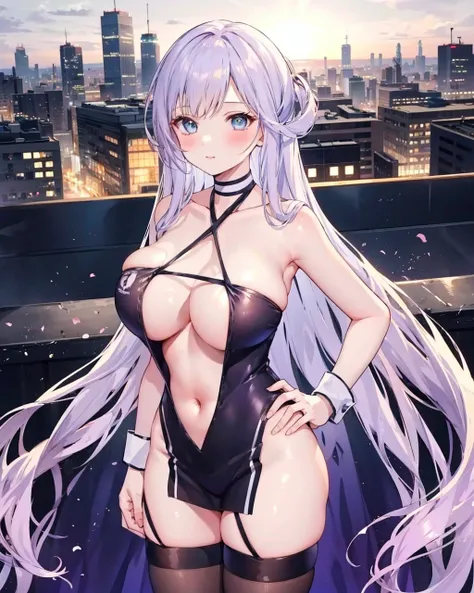 szrace,1girl,solo,huge breasts, cleavage, <lora:ShoukakuZuikakuRaceQueenV1:1>, long hair,black thighhighs, outdoors,cityscape, bare_arms,standing,cowboy shot, blush,garter straps, wrist cuffs,  <lora:quinellaSAOCharacter_v10:0.7>,criss-cross halter, hand o...