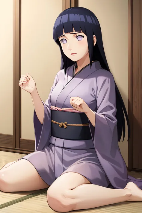 masterpiece, absurdres, 1girl, hinata(shippuden), solo,kimono, obi, sliding doors,  indoors,  wariza,  <lora:Hinata[Shippuden]-000003:0.8>