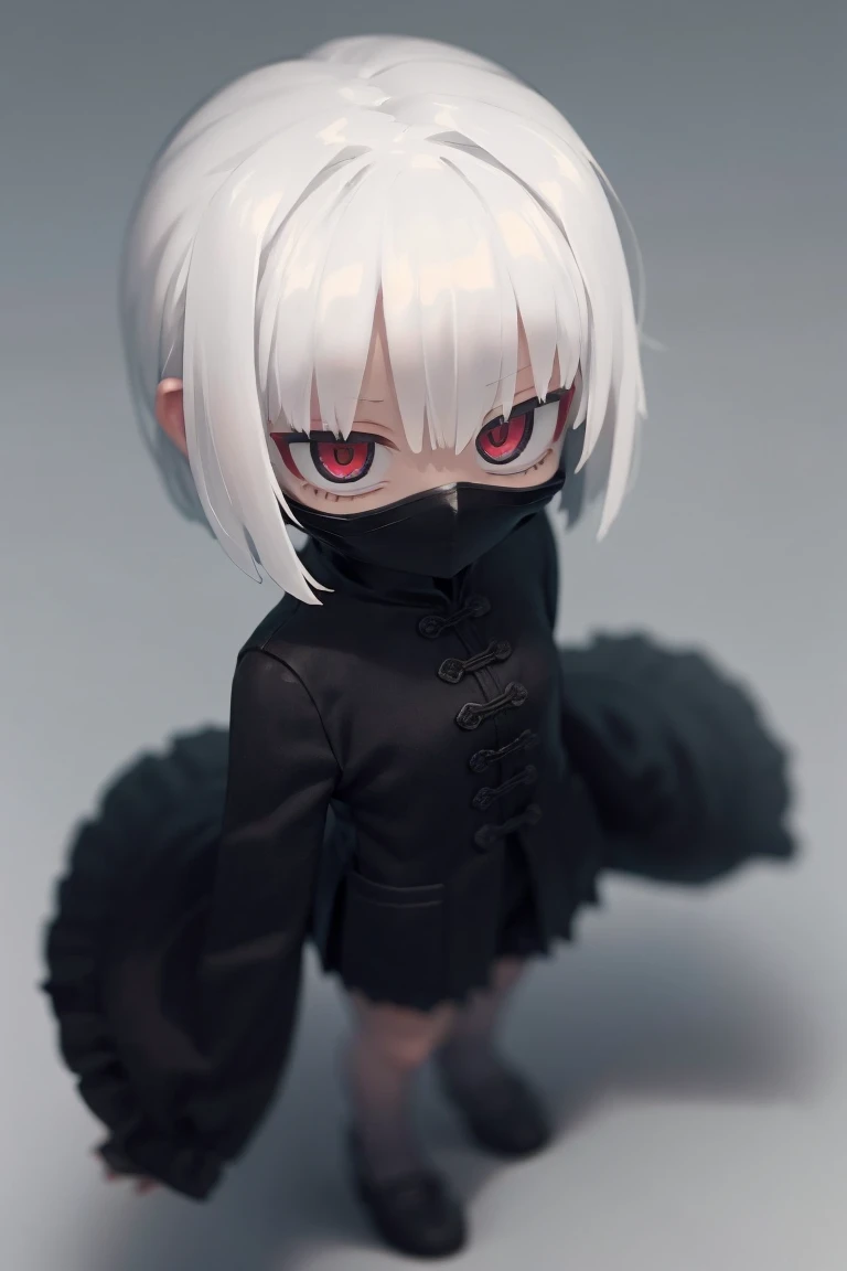 from above,dark theme,solo,1girl,dark skin,
standing,
white hair,short hair,
red eyes,
expressionless,
(black:1.2) china suit,