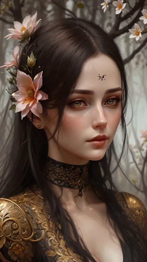 1 girl, style of Karol Bak, realistic face, holding a flower, detailed face, detailed eyes,  garden, ultra realistic, black eyes 8k, intrincate details, raw, masterpiece,  <lora:epi_noiseoffset2:1>