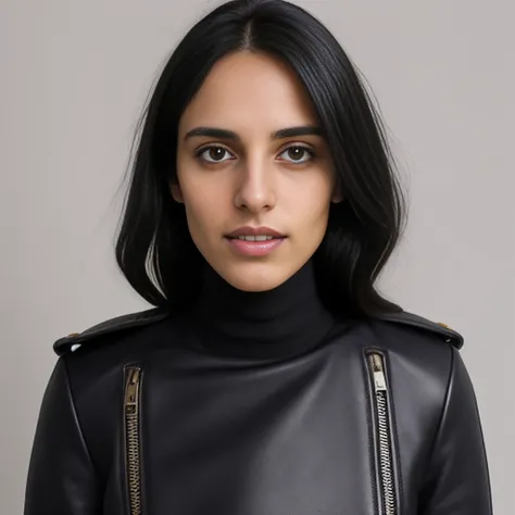 desigirl,  a portrait photo of a  30yo woman, 1girl, wearing ornate leather jacket,  ((white turtle neck)), night time photography, (head shot), studio quality