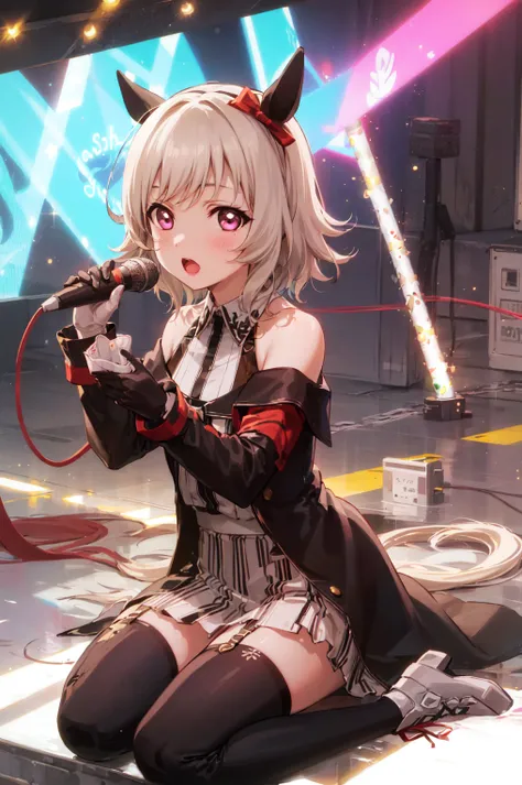 solo, 1girl, (((idol, stage, microphone))), neon, light, led, illustration, ((reflection)), thighhighs, sitting, bare shoulders, cyberpunk, cowboy shot, <lora:currenChanUmamusume_v10:0.6> curren chan (umamusume),