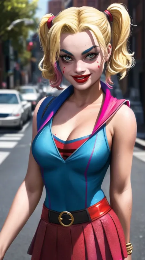 photo of a (margo robbie as harley quinn) in the middle of the street, blonde with pink pigtails, young, miniskirt, smiling, (hd...