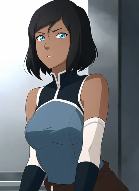 the legend of korra, masterpiece, best quality, 1girl, solo, dark skin, dark-skinned female, black hair, bare shoulders, blue eyes, short hair, looking at viewer, <lora:the_legend_of_korra_offset:1>